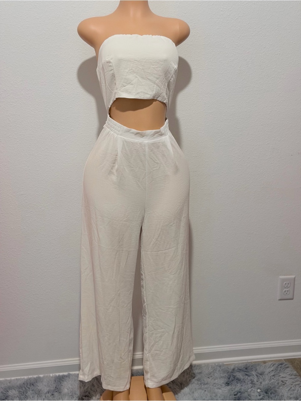 White Strapless Wide-Leg Cutout Jumpsuit